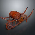 Traditional Wooden Cart With Brown Barrel And Cloth Bundles On Dark Surface