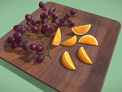 Fresh Fruits Display With Purple Grapes And Sliced Oranges On Wooden Cutting Board 3d model
