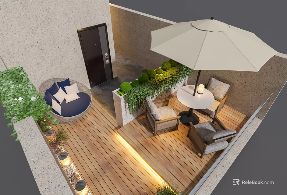 Cozy Wooden Terrace Design With White Parasol Round Table And Green Plants 3d model 