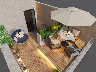 Cozy Wooden Terrace Design With White Parasol Round Table And Green Plants 3d model