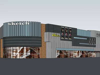 Modern Commercial Complex Exterior Featuring Glass Facade Retail Shops And Sketch Signage 3d model