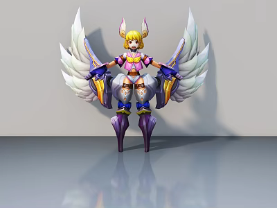 Anime Style Character With Golden Hair Colorful Armor And Large Wings Standing On Gray Background 3d model