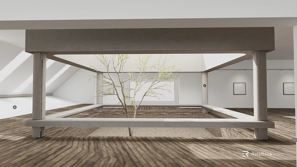 Minimalist Cultural Center Interior With Wooden Floor And Small Tree Design 3d model 