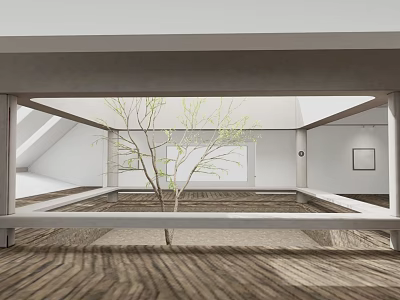 Minimalist Cultural Center Interior With Wooden Floor And Small Tree Design 3d model