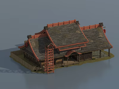 Ancient Traditional Building With Tile Roof Red Decorations Wooden Structure And Fence 3d model