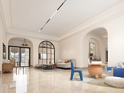Modern Living Dining Room Interior With Beige Sofa Coffee Table Arch Windows And Chandelier 3d model
