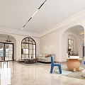 Modern Living Dining Room Interior With Beige Sofa Coffee Table Arch Windows And Chandelier