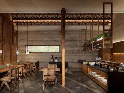 Traditional Style Restaurant Interior With Wooden Beams Dining Tables Counter And Green Plants 3d model