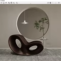 Unique Curved Brown Leisure Chair With Oval Cutouts Round Mirror Green Plant Gray Carpet