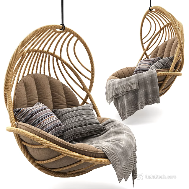Cozy Rattan Hanging Chair With Brown Cushions Striped Pillows And Gray Blanket 3d model 
