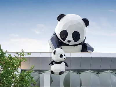 Large and Small Panda Sculptures as Outdoor Landscape Art on Building Rooftop 3d model