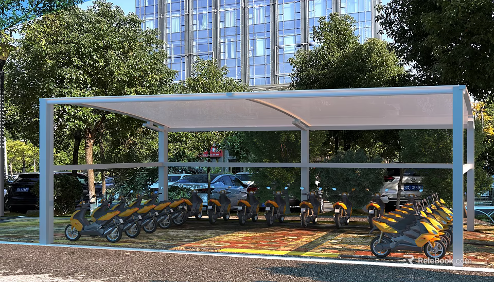 Outdoor Sunshade Canopy for Electric Scooter Parking with Trees and High Rise Building 3d model 