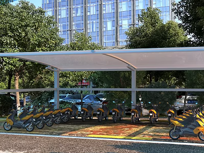 Outdoor Sunshade Canopy for Electric Scooter Parking with Trees and High Rise Building 3d model