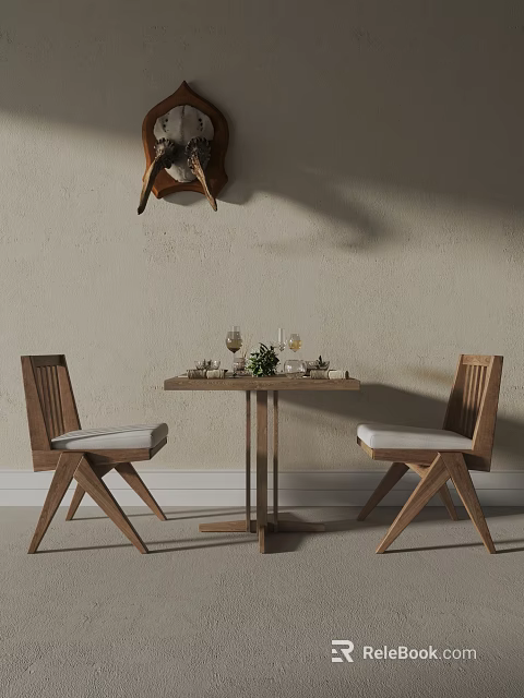 Wooden Dining Table Set With Two Chairs Upholstered Seats Wine Glasses And Small Plant 3d model 