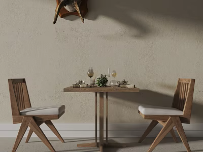 Wooden Dining Table Set With Two Chairs Upholstered Seats Wine Glasses And Small Plant 3d model