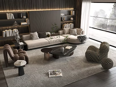Elegant Modern Living Room Sofa and Coffee Table Set with Floor-to-Ceiling Window Decorative Plant and Accent Chair 3d model