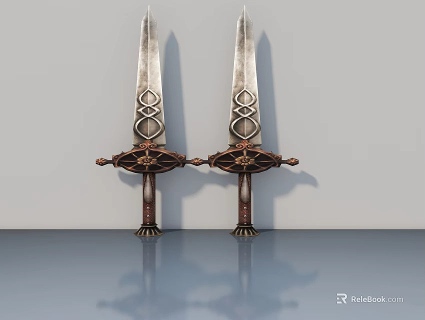 Two Decorative Swords With Intricate Patterns On Hilts And Blades On Smooth Surface 3d model