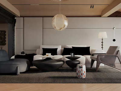 Elegant Modern Living Room With White Sofa Black Cushions Gray Chair And Spherical Pendant Light 3d model
