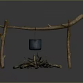 Natural Wooden Log Structure with Hanging Cooking Pot Over Burning Fire Pit