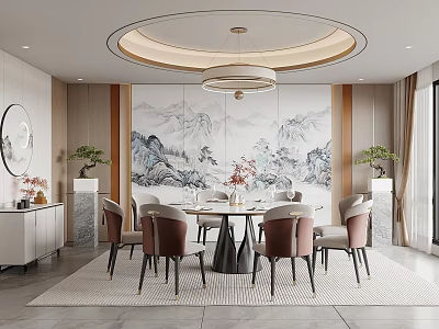 Elegant Chinese Style Private Dining Room With Round Table Chairs And Landscape Painting Backdrop 3d model