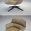 Beige Leather Accent Chair with Curved Backrest and Armrests on Black Metal Star Shaped Base