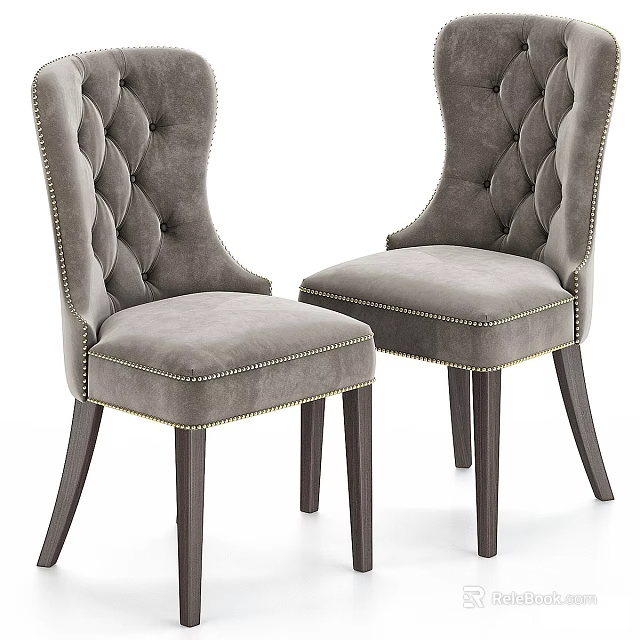 Gray Velvet Tufted Accent Chair With Brass Nailhead Trim And Dark Wooden Legs 3d model 