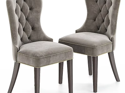 Gray Velvet Tufted Accent Chair With Brass Nailhead Trim And Dark Wooden Legs 3d model