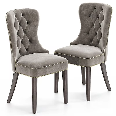 Gray Velvet Tufted Accent Chair With Brass Nailhead Trim And Dark Wooden Legs 3d model