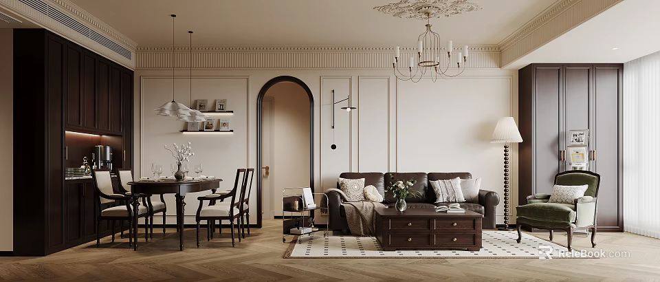 Classic Living Dining Room Interior Design With Sofa Dining Table And Arched Doorway 3d model