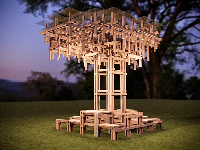 Modern Wooden Landscape Pavilion With Glass Roof And Green Grass Under Evening Sky 3d model