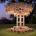 Modern Wooden Landscape Pavilion With Glass Roof And Green Grass Under Evening Sky