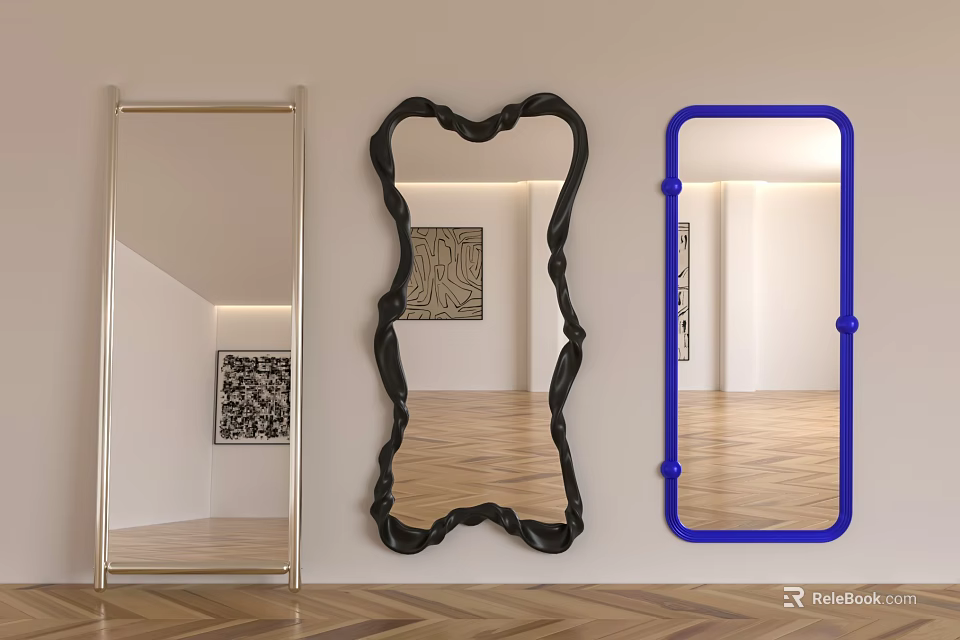 Three Unique Mirrors with Gold Black Blue Frames and Shapes in Modern Interior Decor 3d model 