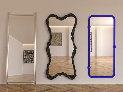 Three Unique Mirrors with Gold Black Blue Frames and Shapes in Modern Interior Decor 3d model