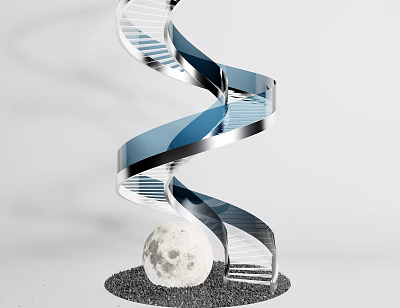 Modern Blue and Silver Spiral Staircase With Moon Decoration And Gravel Base Design 3d model