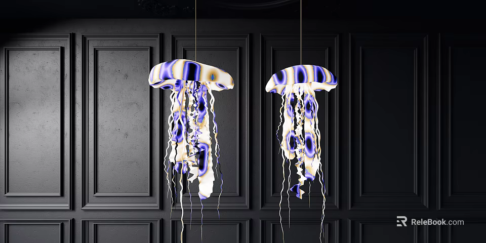 Blue And White Jellyfish Shaped Pendant Lights For Black Wall Interior Decor 3d model 