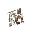 Essential Kitchen Utensils with Wooden Cutting Boards Mugs Plates Bread Basket and Olive Oil Bottle
