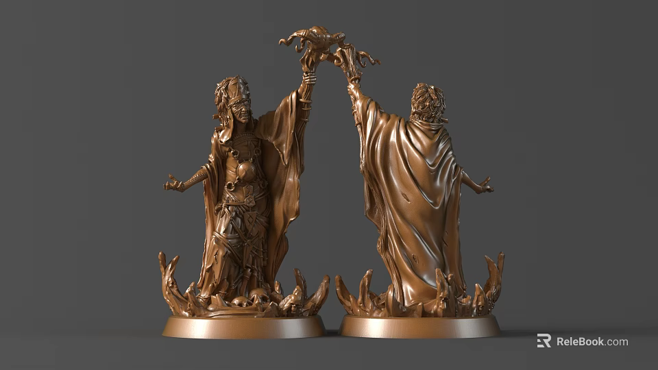 Bronze Mythological Figure Sculptures Holding Branch Facing Each Other With Decorative Bases 3d model 