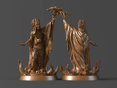 Bronze Mythological Figure Sculptures Holding Branch Facing Each Other With Decorative Bases 3d model