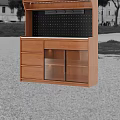 Modern Wooden Sideboard With Brown Cabinets Drawers Shelves Marble Countertop And Perforated Back Panel