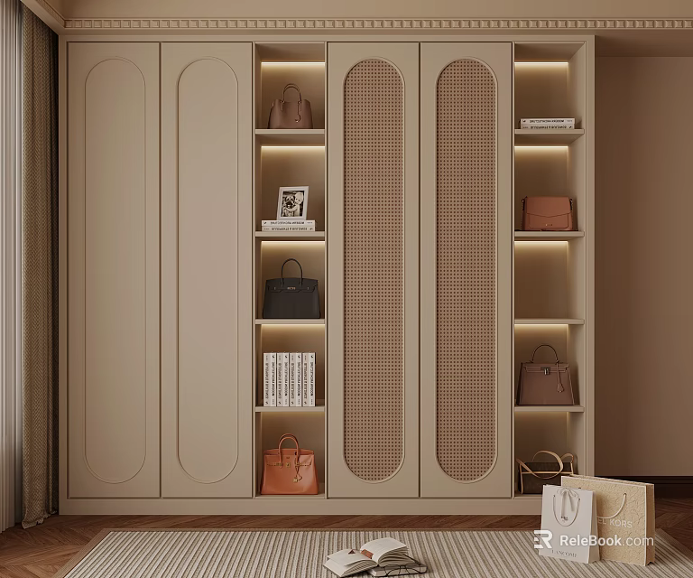 Modern Light Luxury Wardrobe Open Storage Design With Bags Books And Beige Finish 3d model 