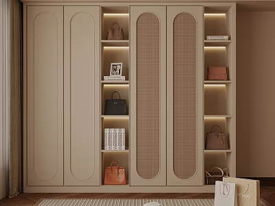 Modern Light Luxury Wardrobe Open Storage Design With Bags Books And Beige Finish 3d model
