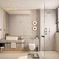 Modern Hotel Bathroom Interior Design With Glass Shower And Large Mirror