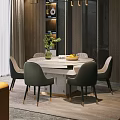 Elegant Round White Dining Table Set with Six Chairs Gold Trim Green Plant Fruit Bowl