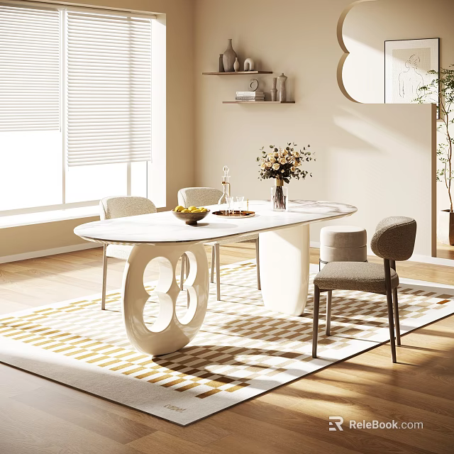 Modern Dining Table Set With Oval White Top Gray Chairs Geometric Rug And Flower Vase 3d model 