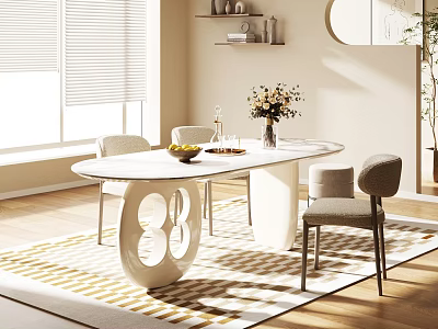 Modern Dining Table Set With Oval White Top Gray Chairs Geometric Rug And Flower Vase 3d model