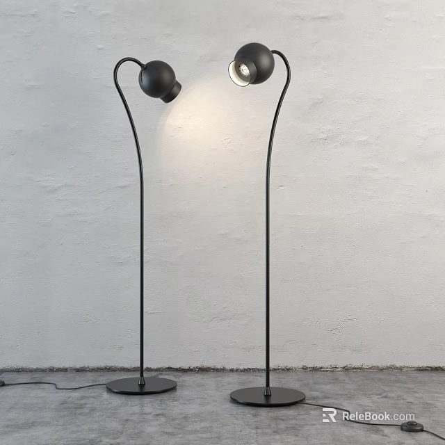 Modern Black Floor Lamps With Curved Stand And Spherical Shade In Minimalist Interior 3d model 