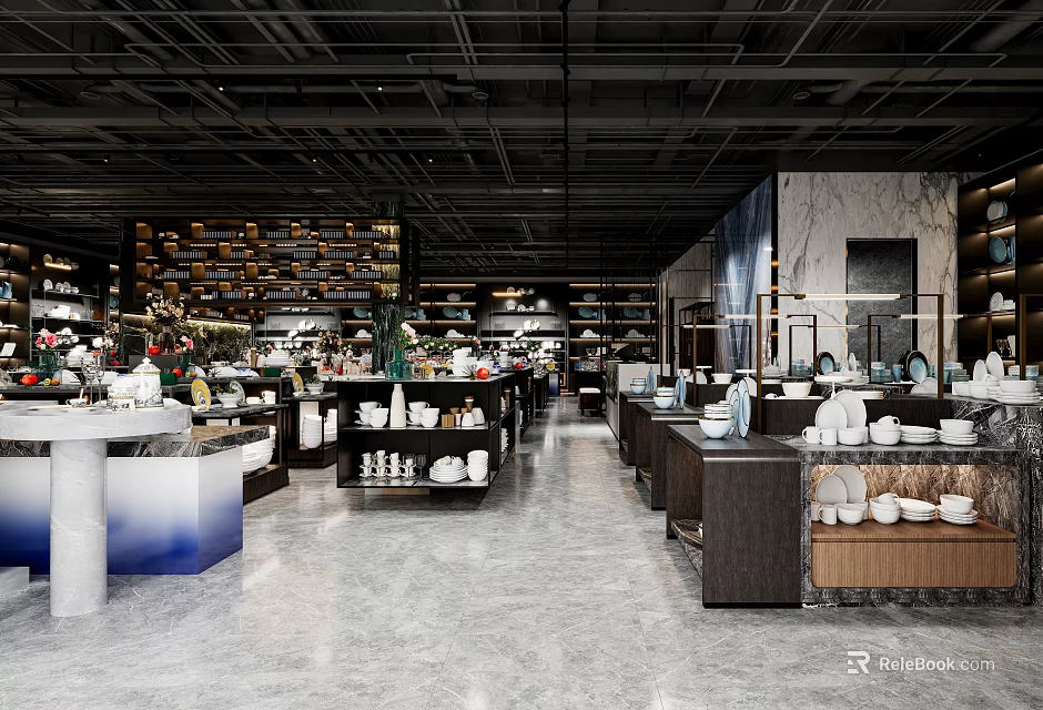 Spacious Elegant Modern Decorative Showroom With Porcelain Items Shelves And Marble Countertops 3d model 