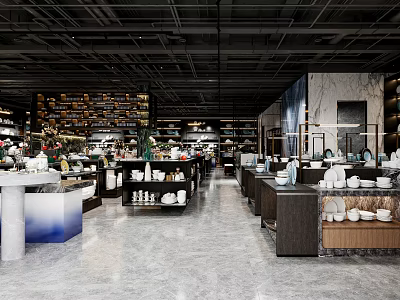 Spacious Elegant Modern Decorative Showroom With Porcelain Items Shelves And Marble Countertops 3d model