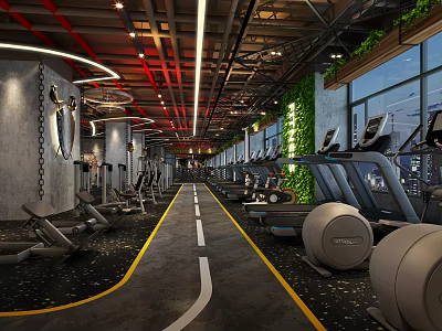 Modern Gym Interior With Treadmills Weight Machines And Green Wall Decor 3d model