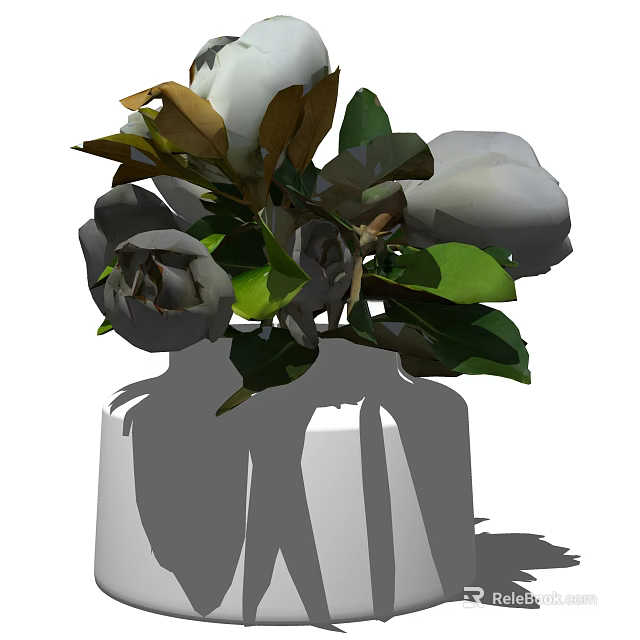 Minimalist White Vase With White Flowers And Green Leaves For Home Decor 3d model 
